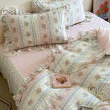 Purpdrank  Korean Princess Style Lace Ruffles Floral Bedding Set 100% Cotton Duvet Cover Bed Sheet/Fitted Sheet/Bed Skirt Pillowcases 3/4Pc