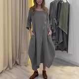 Purpdrank  Summer Fashion New Women's Elegant Loose Cotton Hemp Dress Round Neck Solid Color Half Sleeve Long Dress
