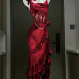 Vintage Elegant Red Strap Slim-fit Fish Tail Dress with Hip Wrap