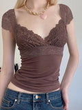 Purpdrank  Women Summer y2k Fairy Grunge Short Sleeve Crop Tops V Neck Lace Trim Patchwork Slim Fit T-Shirt Low Cut Tee Streetwear