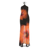 Purpdrank  Floral Print Sheer Mesh Patchwork Vacation Beach Maxi Dress Women Lace Up Halter Backless Sleeveless Bodycon Holiday Outfit Robe