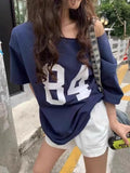 Purpdrank  84 Print Sexy Slash Neck T-shirt Women Summer Cotton Loose Short Sleeve Tees Female Casual Vintage Streetwear Navy Tshirts New