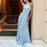 Purpdrank   Casual Halter Hollow Slim Wedding Dress Fashion Backless Summer Long Dresses Satin Off Shoulder High Waist Formal Occasion Dress