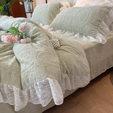 Purpdrank  Vintage French Carved Velvet Lace Ruffles Soft Warm Winter Bedding Set Duvet Cover Flat/Fitted Bed Sheet Pillowcases 4Pcs