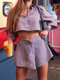 Purpdrank  Plaid Two Piece Sets Women Summer Lantern Sleeve Shirt Tops With Wide Leg Shorts Sets Elegant Fashion Casual Loose Female Suit