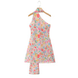 Purpdrank  Sexy Halter Collar Pink Gradient Tie dye print Cross lacing up Bow Backless Sling Dress Women Irregular Mini Dresses Robe