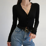 Purpdrank  70's Vintage V neck Wood ears Rib Long Sleeve Tee Base T-shirts Cool Girl Single-breasted Button Short Tee crop top