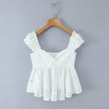 Purpdrank  Sweet White Hollow Out Embroidery Hole Bow V neck Wood ears Sleeve Tank Top Women Summer Elastic Back Swing Hem Vest Crop Top