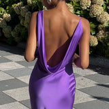 Purpdrank  Elegant Backless Hollow Out Suspender Dress Women Sexy V-neck Sleeveless Satin Long Dress Fashion Hight Waist Pleat Party Dress