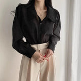Purpdrank  Korean Chic Sheer Blouse Women Sexy Single Breasted Black Shirts Thin Bubble Sleeve Sunscreen Tops Female Summer Fashion