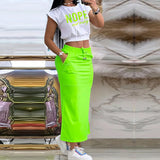 Purpdrank  Sexy T-shirt Skirt Two Piece Set Women New Short Sleeve O-Neck Crop Top High Waist Skirt Solid Fashion Suit Streetwear Partywear