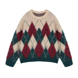 Purpdrank  Red Green Argyle Sweater for Women Comfy Knitted Crew Neck Loose-fit Pullovers Female Christmas Sweater Autumn Winter Outfit