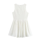 Purpdrank  Women White Sleeveless Dress Summer V-neck Lace Up A-line Mini Dresses American Style Casual Simple Solid Color Sundress