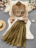 Purpdrank - Autumn Winter Women Two Piece Sets Stand Collar Puff Sleeve Ruffled Tops and Empire Slim Skirt with Belt Office Lady Suits