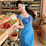 Purpdrank  Summer Chiffon Slim Fit Embroidered Short Sleeve Ruffle Strap Two-Way Dress