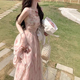 Purpdrank  Summer New Style Korean Version Slimming Pink Rose Print Hanging Neck Dress Short Princess Skirt No Sleeve High Waist