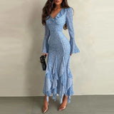 Purpdrank   Elegant V Neck Flared Sleeves Mermaid Long Dress Lady Fashion Slim Fit Wrap Hip Dresses Ruffle Edge Design Spring Holiday Dress