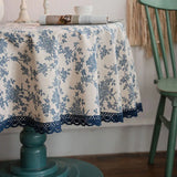 Purpdrank  Round 150Cm Blue Rose Printed Tablecloth Romantic Cotton and Linen Dust-Proof Table Cover Retro Lace Trim Furniture Protector