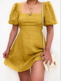 Purpdrank  Hot Sale Of The Season Spring Cotton Lin Mini Dress Street Style Comfortable Casual Pure Color Square Collar Lantern Sleeve