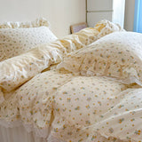 Purpdrank  Korean Princess Style Lace Ruffles Floral Bedding Set 100% Cotton Duvet Cover Bed Sheet/Fitted Sheet/Bed Skirt Pillowcases 3/4Pc