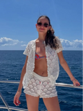 Purpdrank  Sexy Hollow Out 2 Pieces Set For Woman Casual Single-breasted Short Sleeve Top Mini Skirt Summer Holiday Knitted Lady Suit 2025