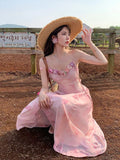 Purpdrank  Casual Light Pink Printed Sleeveless Dress Beach Fashion Y2K Vintage Chic Summer French Retro Elegant Chiffon Midi Dress Women