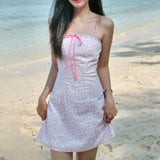 Purpdrank  Sexy White Pink Flower Print Bow Ribbon Strapless Dress Women Slim Waist Backless Mini Dresses A-lined Short Robe