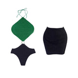 Purpdrank  2Pcs Shiny Swimsuit Women Sexy Swimwear With Mini Skirt Hollow Out Bikini Halter Bathingsuit Female Patchwork Bodysuit Beachwear