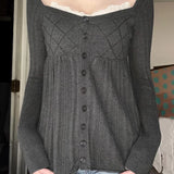 Purpdrank  Autumn Sweet U Neck Long Sleeve Lace Patchwork Slim Waist Single Breasted Knitted Pullover