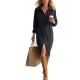 Purpdrank  Women's Corduroy Maxi Dress Lapel Collar Button Down Long Sleeve Casual Shirt Dress With Pockets Loose Side Slit Office Dresses