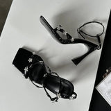 Purpdrank  2025 New Black Gold Square Toe Crystal Flower Women Sandals Fashion Rhinestone Buckle Strap High Heels Wedding Prom Shoes