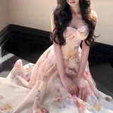 Purpdrank  3D Floral Camisole Dresses Women Summer Splicing Princess Fluffy Loose Long Short Pullover High Waisted V-neck A-line Skirt New