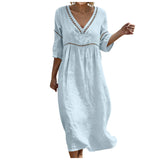 Purpdrank  Women's Casual Cotton Linen Dress Elegant Lace Trim Openwork V Neck Solid Color Loose Fit Summer Dress Boho Flowy Office Dresses