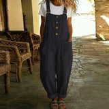 Purpdrank  Hollow Off Shoulder Solid Summer Romper Sleeveless Button Pocket Wide-leg Playsuit Cotton Linen Suspender Casual Women Jumpsuits