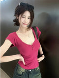 Purpdrank  Vintage Street Y2K Button Up V-Neck Crop Top Women Sexy Low-Cut Skinny Cropped T Shirts Woman Summer Basic Short Sleeve Tee