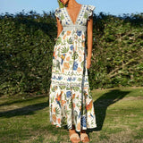 Purpdrank  Tropical Floral Print Season Long Dress Women Sexy V-neck Ruffle Sleeve Holiday Dress Elegant Hight Waist Pleated Party Dresses