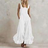 Purpdrank  New Summer Ruffle Hem Wide Leg Jumpsuit Women Button Square Neck Casual Loose Romper Retro Sleeveless High Waist Pocket Playsuit