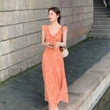 Purpdrank  French Style Floral Chiffon Dress Women Summer New Ruffles Lace-up V-Neck Slim Long Dresses Gentle Style Beach Vacation Dress