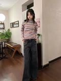 Purpdrank  French Style Pull Femme Sweaters Contrasting Rainbow High Neck Striped Sweater Women Autumn Pullover Knitted Top