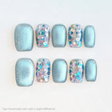 Purpdrank  10pcs Handmade Blue Silver Cat eye Press On Nails Square Short Dreamy Shiny Fake Nails Holographic Flake Decor False Nail
