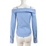 Purpdrank  Sexy Off Shoulder Straps Striped Women Shirts 2025 Summer Fashion Button Up Long Sleeve Irregular Office Shirt Female Y2K Tops