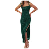 Purpdrank  Women Dresses Sexy Backless Sequin Suspender Long Dress Slim Slit Square Neck Party Dress Cocktail Split Vestidos Robes Longues