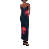 Purpdrank  Women's Aesthetic Camisole Dress Floral Print Sleeveless Backless Sexy Dress Long Slim Dress Party Dress