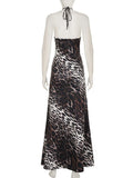 Purpdrank  Sexy Lace-up Deep V Halter Leopard Print Long Dress Women Fashion Sleeveless Backless Bodycon Mermaid Evening Party Gown