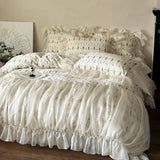 Purpdrank  100% Cotton Vintage French Rose Print Pleat Lace Ruffles Princess Bedding Set Duvet Cover Bed Sheet/Fitted Sheet Pillowcase 4Pcs