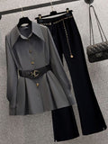 Purpdrank - Women Suits Office Sets New Spring  Long Sleeve Fold Pocket Blazer Women Solid Color Bell Bottoms Fashion Elegance Office Lady