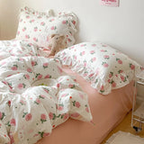 Purpdrank  Cute Floral Duvet Cover Set Ins Korean Style with Flat Sheet Pillowcase No filler Washed Cotton Queen Full Twin Home Bed Linen