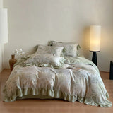 Purpdrank  4Pcs Lyocell Soft Silky Cooling Summer Bedding Set Rose Floral Prints Ruffles Duvet Cover Set Bed Sheet/Fitted Sheet Pillowcases