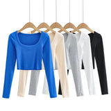 Purpdrank  Spring Solid Color Threaded Long-Sleeved T-Shirt Square Neck Slim Fit Hot Girl Top European American Fashion