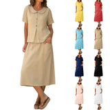 Purpdrank  Women Summer Skirts Two Piece Set Peter Pan Collar Short Sleeve Top And Midi Skirt With Pockets Cotton Linen Matching Sets